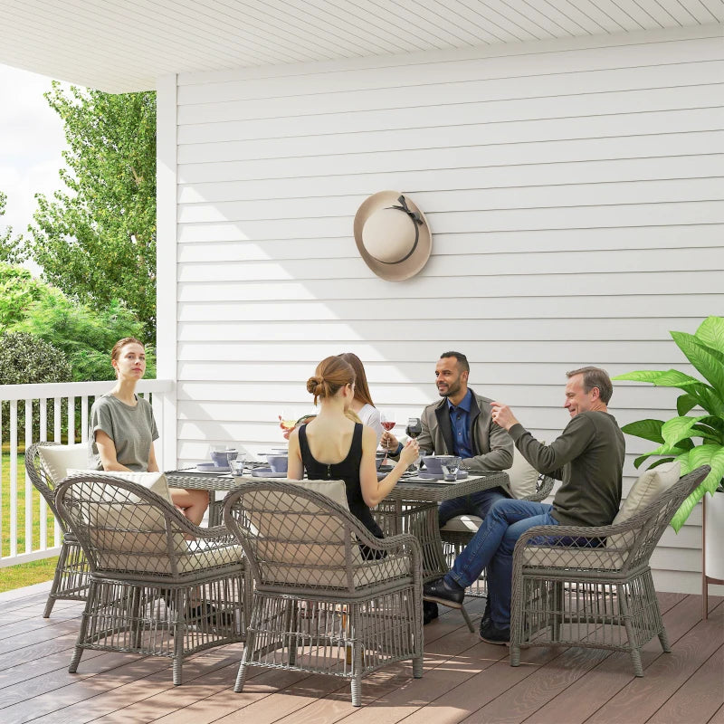 6 Seater Rattan Dining Set with Cushions, Aluminium Frame, Wicker Patio Furniture, Grey