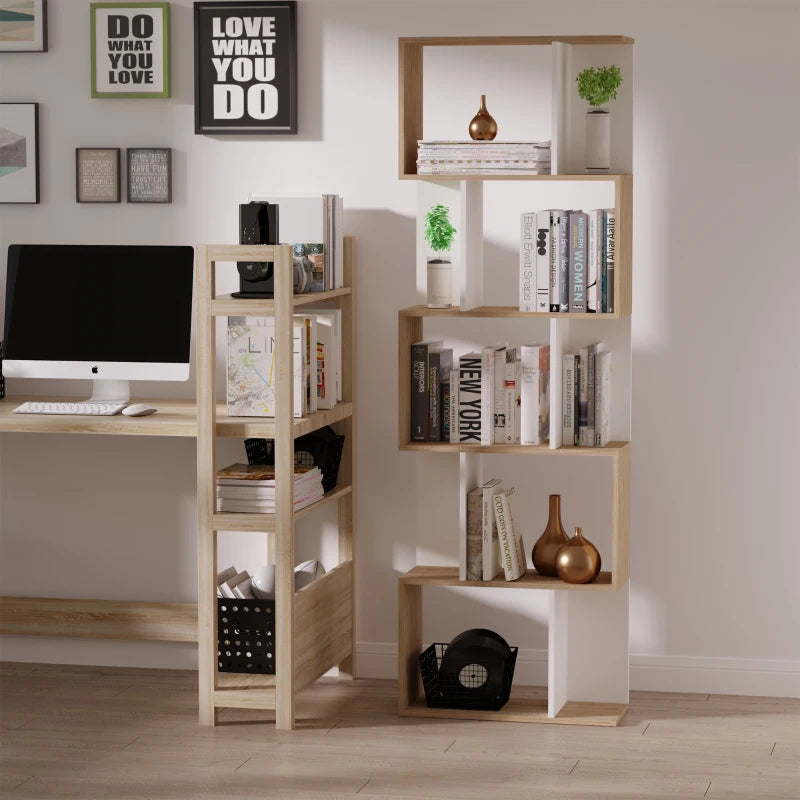 S-Shaped Wooden Bookcase - 5/6 Tier Freestanding Oak & White Bookshelf for Home Office Storage & Display, 24D x 60W x 184.5H