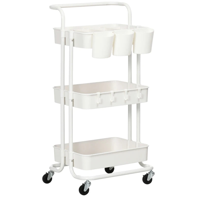 White Three-Tier Home Trolley with Handle and Wheels - Versatile Storage Cart for Kitchen, Living Room, and Office