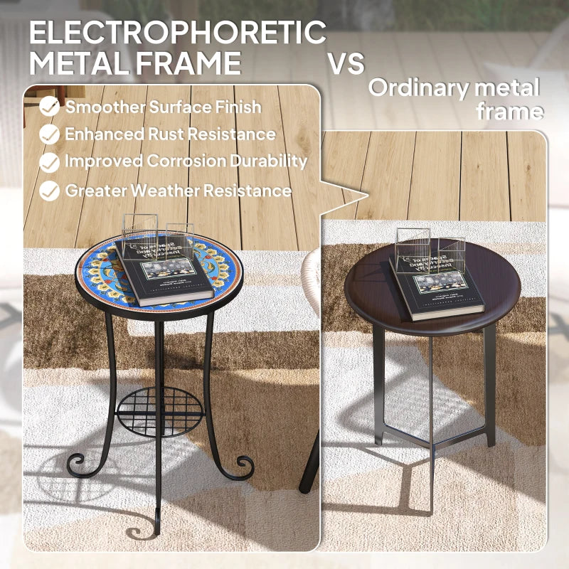 35.5 cm Round Blue Mosaic Garden Table - Ceramic Tile Top Outdoor Bistro Table with Shelf for Patio, Balcony, Indoor Use