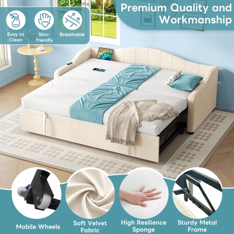 Beige Velvet Upholstered Daybed with USB & Type-C Ports, Convertible Sofa Bed & Pull-Out Trundle, 202x193x78 cm