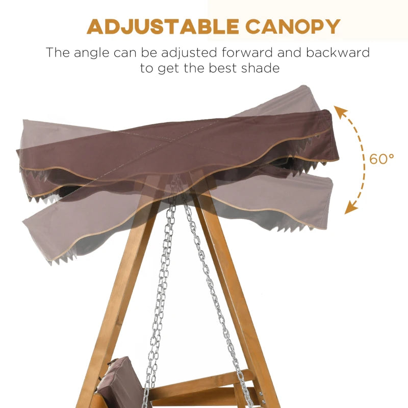 Brown 3-Seater Outdoor Swing Chair with Adjustable Canopy and Padded Cushions