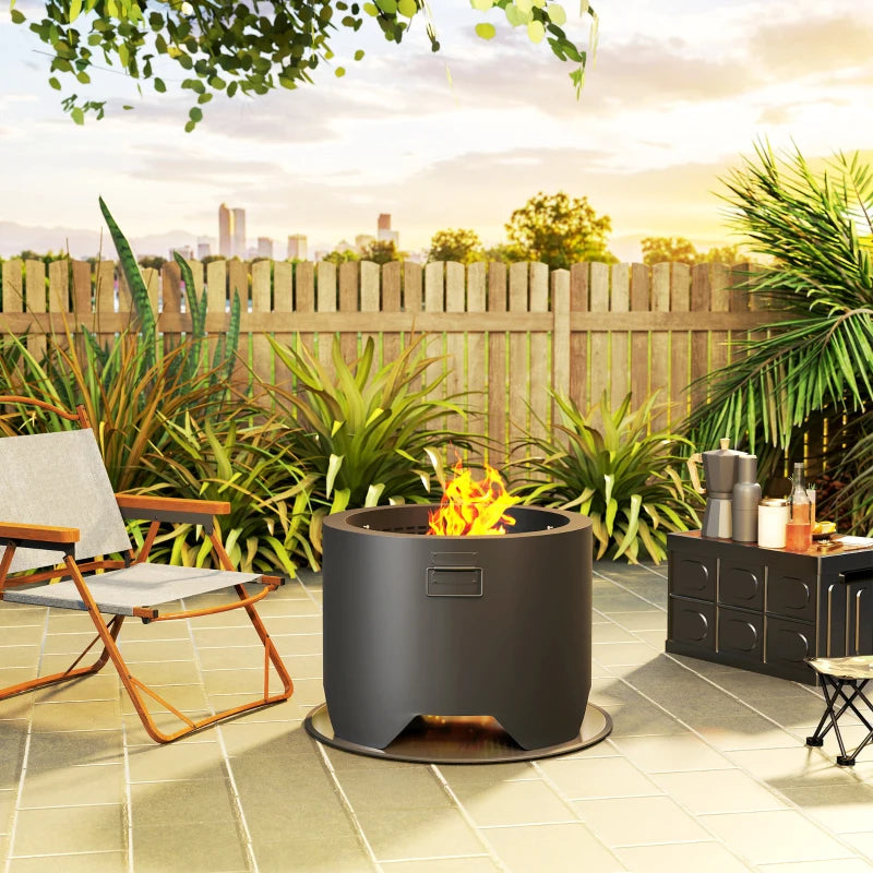 Outdoor Round Fire Pit with Lid & Poker - Durable Black Steel Design for Backyard Patio Heating & Ambiance