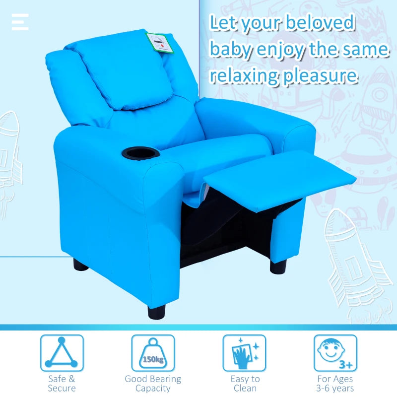 Kids Recliner Chair - Blue PU Leather, Adjustable Backrest & Footrest, Padded Headrest for Comfort - Perfect for Playtime!
