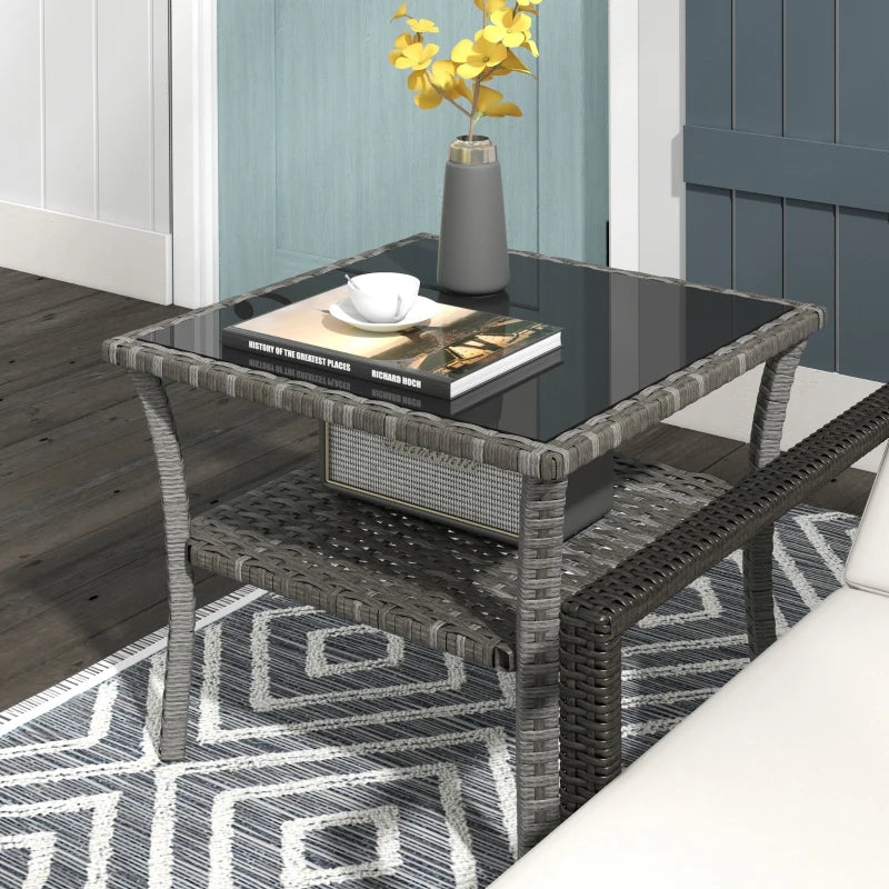 Grey Rattan Two-tier Patio Coffee Table with Glass Top