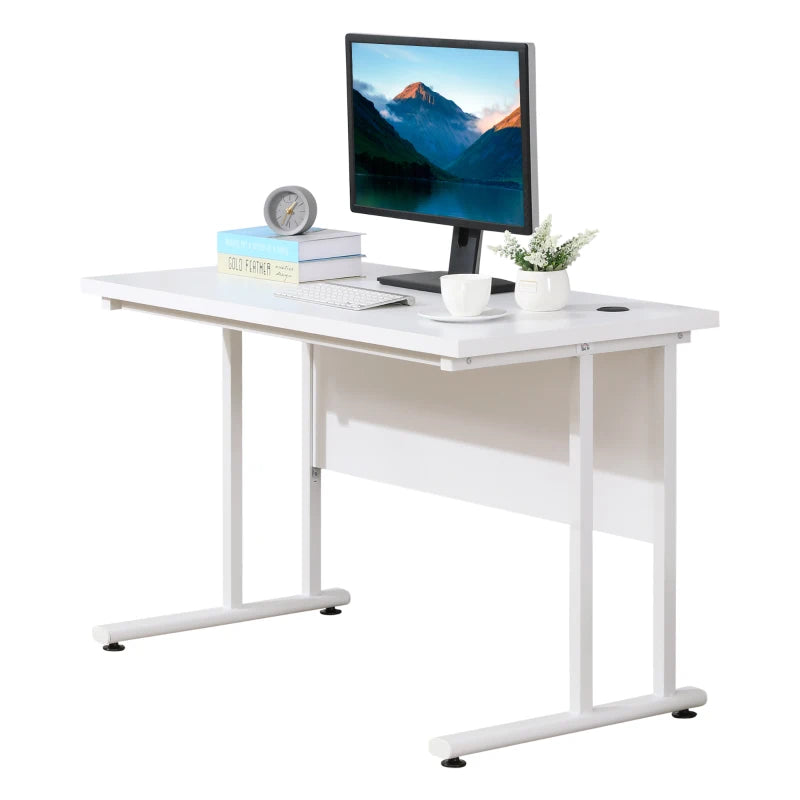 Modern White Computer Desk for Home Office - 120x60x75cm Writing Table with Cable Management & C Shaped Metal Legs
