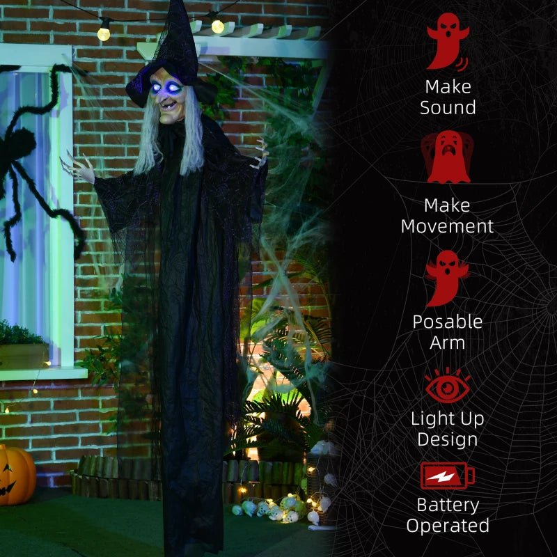 6ft Life Size Outdoor Halloween Witch Decoration - Motion Activated, Light Up Eyes, Talking Sound, Posable Arms, Spooky Prop