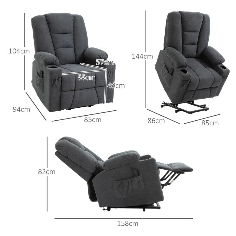 Oversized Riser Recliner Chair for Elderly - Fabric Lift Chair with Remote, Side Pockets, Cup Holder in Charcoal Grey