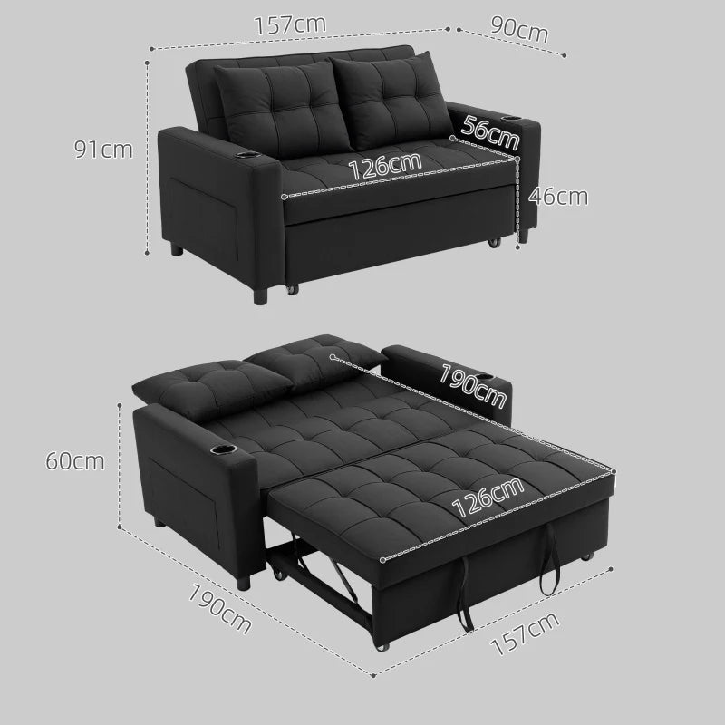 Stylish Black Two-Seater Pull-Out Sofa Bed for Compact Living Spaces