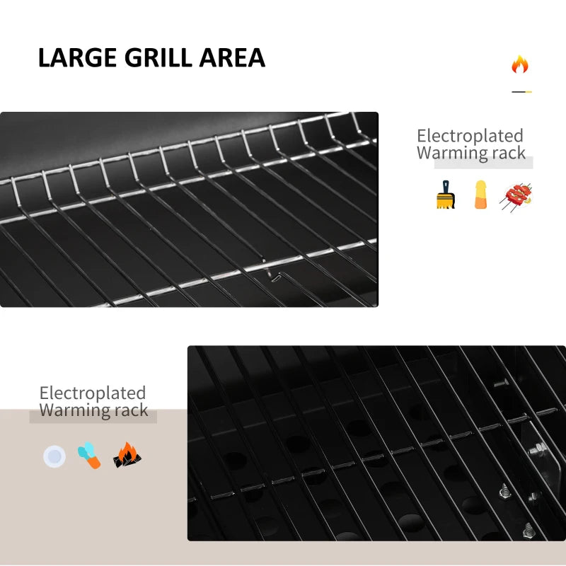 Charcoal BBQ Grill with Adjustable Grate, Smoker, Shelf, Wheels - Black