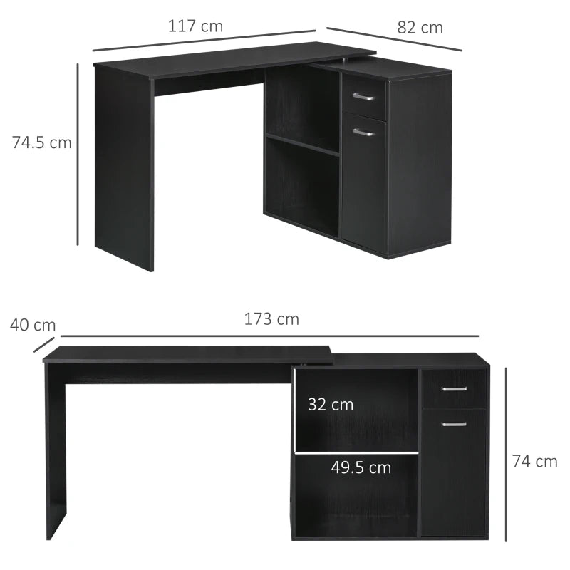 L-Shaped Corner Computer Desk with Storage Shelf & Drawer - Adjustable Black Wood Grain Workstation for Home Office