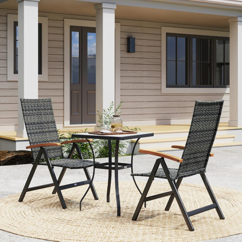 2-Piece Folding Rattan Garden Dining Chairs Set - 5-Level Reclining High Back, Wood Armrests, Outdoor Furniture - Mixed Grey
