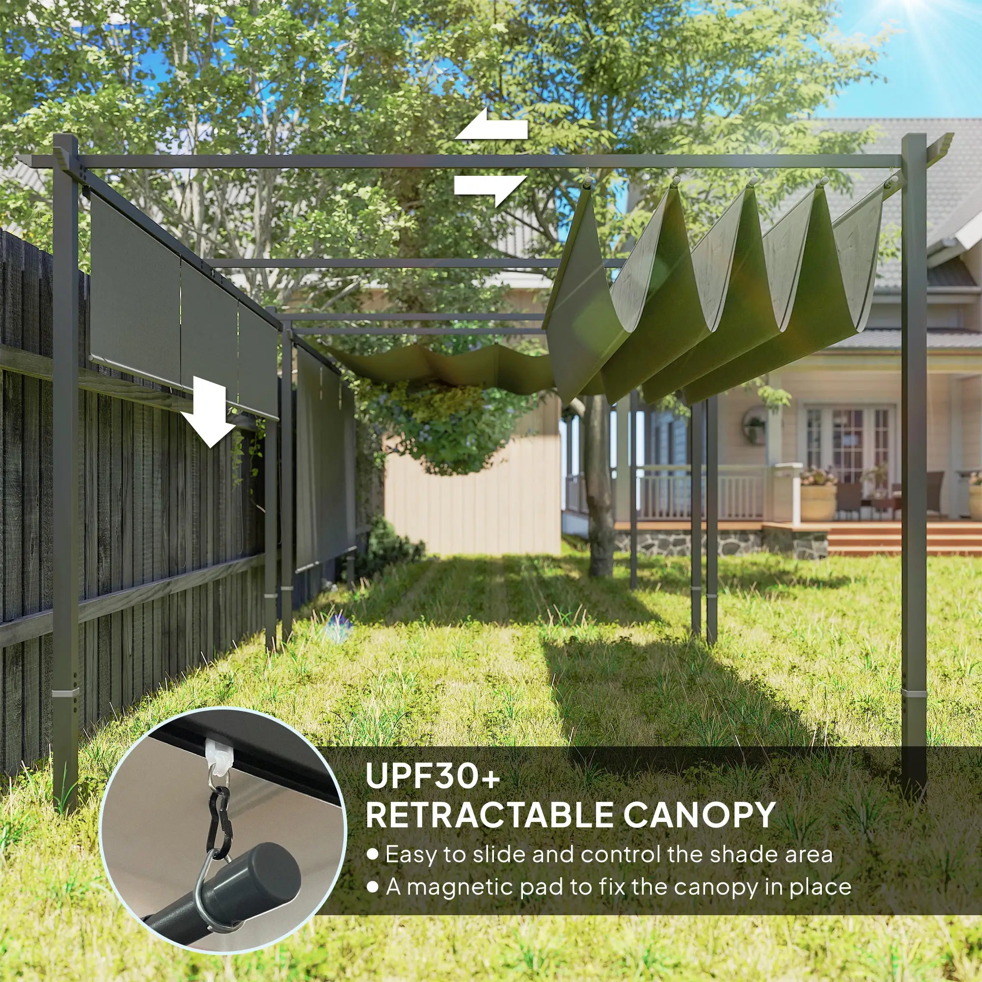 3m x 4m Metal Pergola with Retractable Roof and Roller Shade, Wall-Mounted or Free Standing Garden Gazebo Canopy - UPF30+