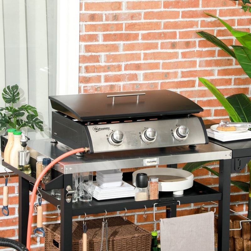 Black 3-Burner Gas Plancha BBQ Grill with Lid