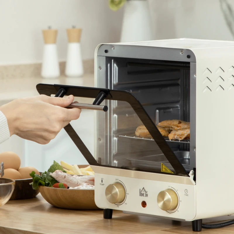 15L Mini Electric Oven & Grill - Adjustable 60-230°C, 60 Min Timer, Includes Baking Tray & Wire Rack, 1000W, Cream White