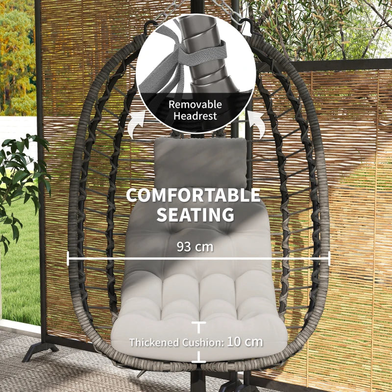 Light Grey Rattan Hanging Egg Chair with Cushion, Adjustable Height, Steel Frame for Indoor Outdoor