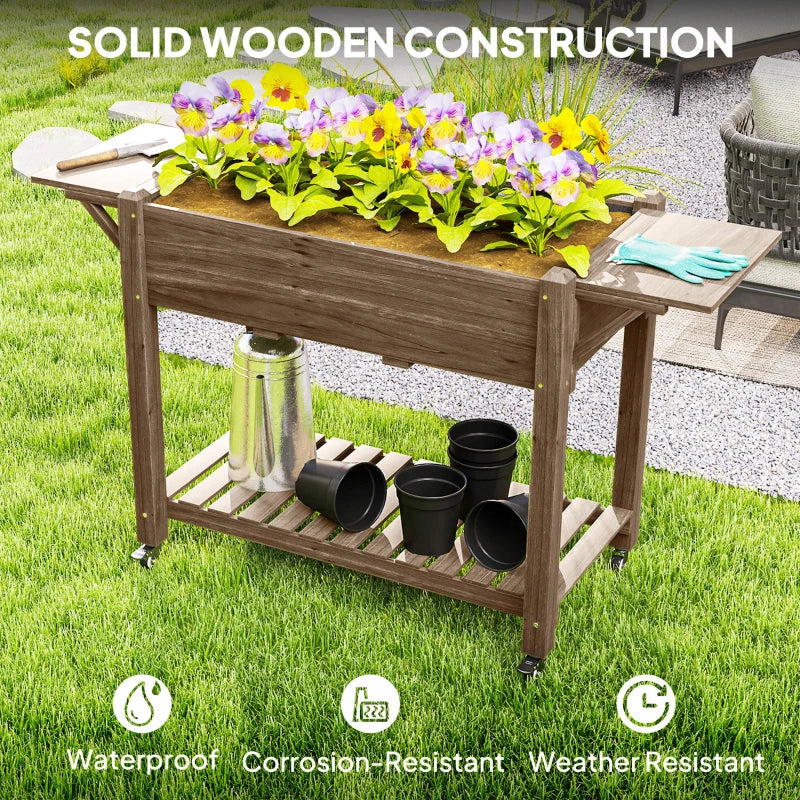 Wooden Elevated Planter Box with Lockable Wheels, Side Tables, and Bottom Shelf - Carbonised 120cm Garden Bed for Vegetables, Flowers, and Fruits