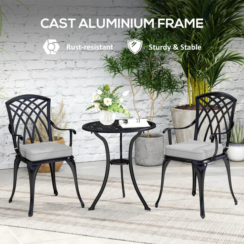 3 Piece Black Cast Aluminium Garden Bistro Set for 2 - Outdoor Coffee Table Set with Cushions, Rust Resistant, Parasol Hole, Perfect for Patio and Balcony