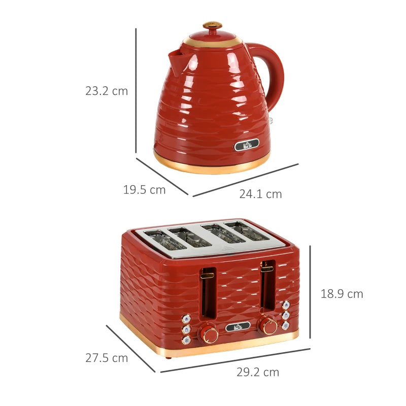 3000W Rapid Boil Kettle & 4 Slice Toaster Set - 1.7L Kettle with 7 Browning Controls, Crumb Tray, Red