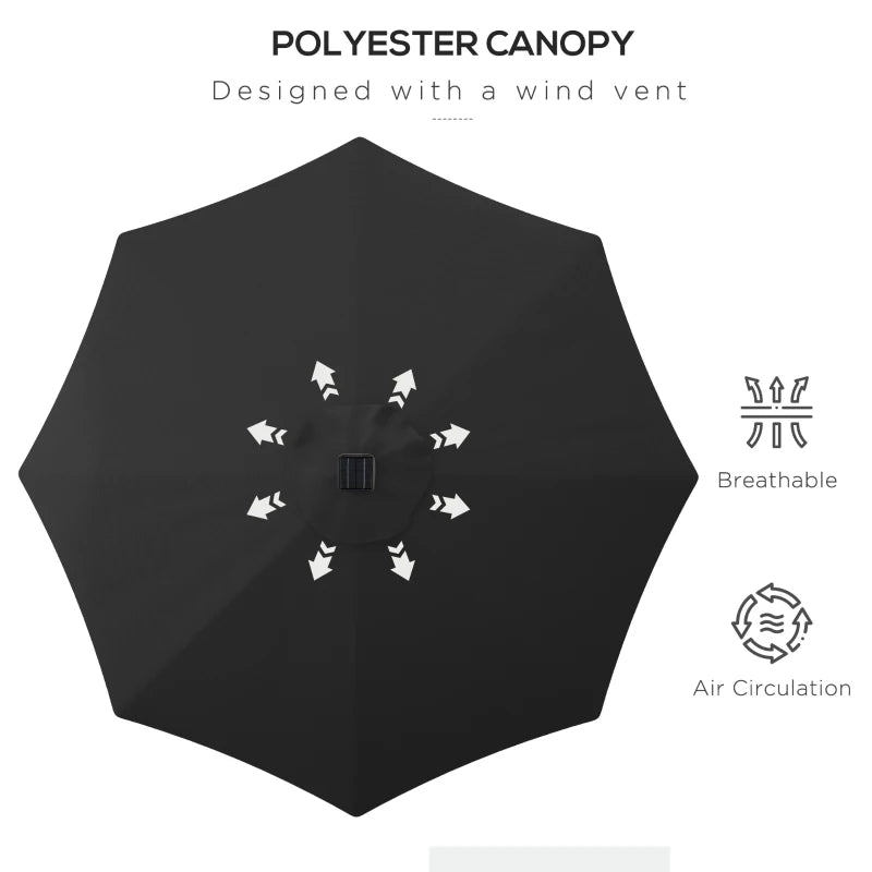 Black Solar LED Garden Parasol with Tilt Function - 2.7m