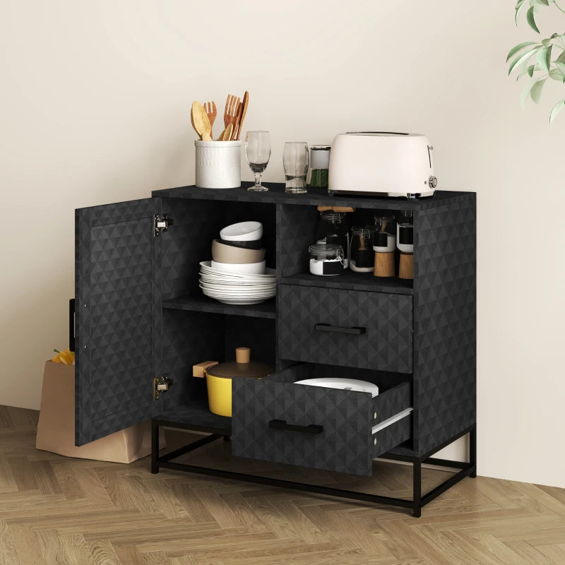 Modern Black Sideboard Storage Cabinet with Adjustable Shelf, Open Compartment & 2 Drawers - Stylish Freestanding Furniture