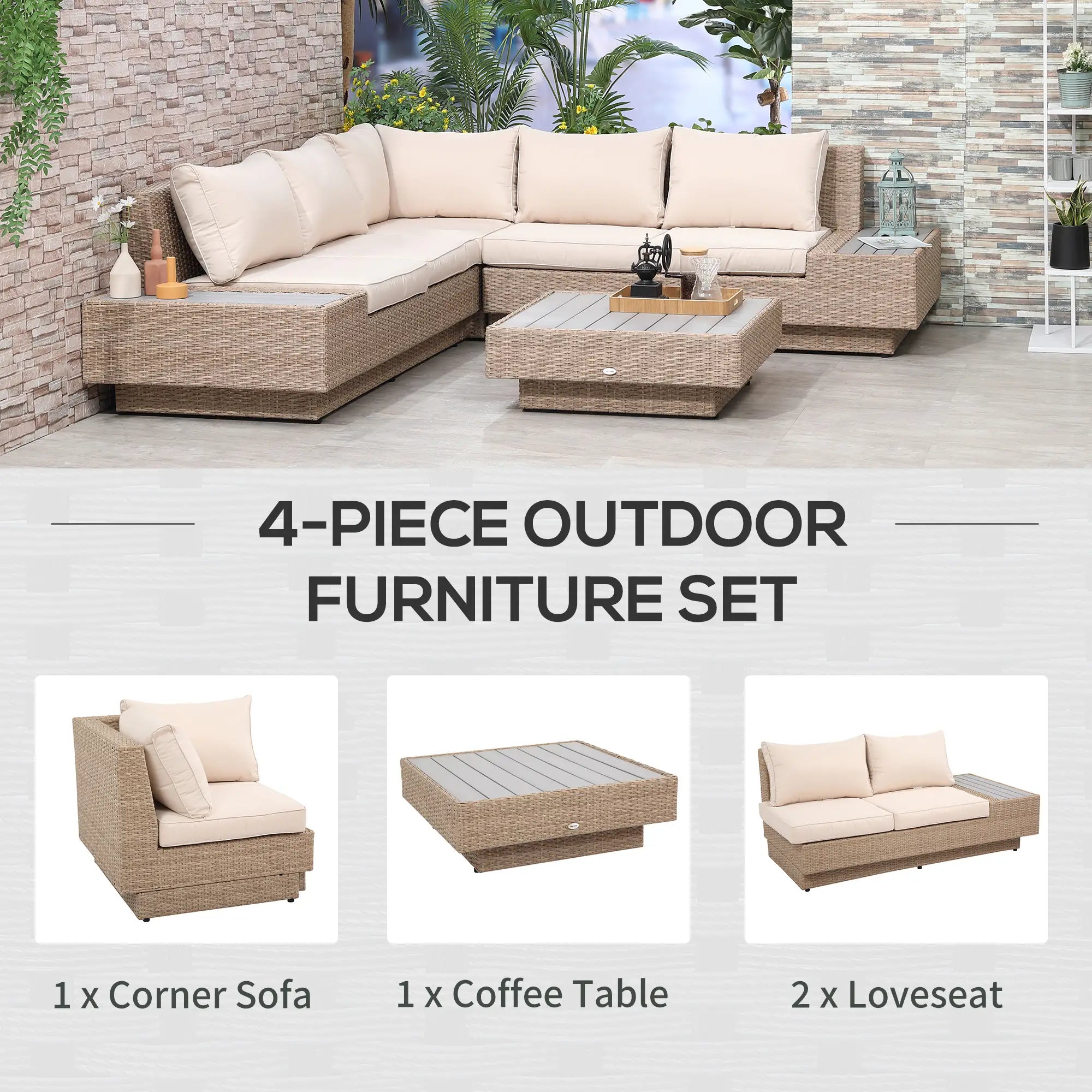 Beige 5 Seater Rattan Corner Sofa and Coffee Table Set