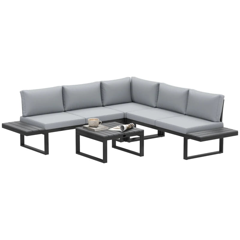 4-Piece Light Grey Outdoor Patio Garden Lounge Set With 5-Level Recline and Wood Grain Plastic Table