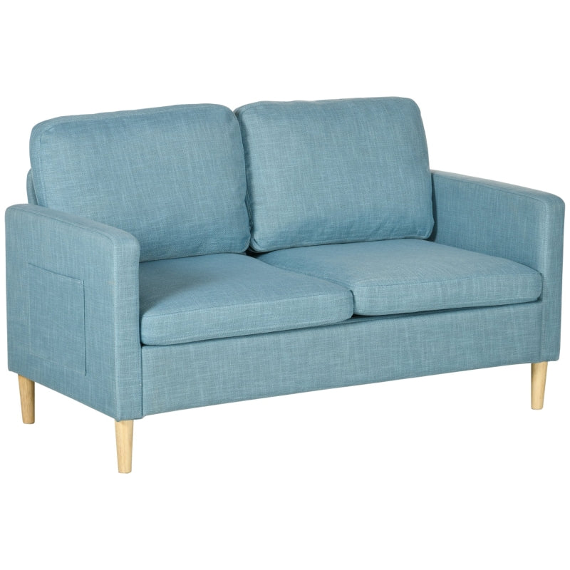 Modern Two-Seater Sofa for Living Room, Stylish Fabric Couch with Wooden Legs and Storage Pockets, Blue