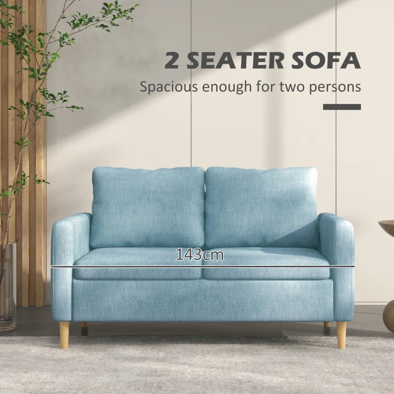 Modern Two-Seater Sofa for Living Room, Stylish Fabric Couch with Wooden Legs and Storage Pockets, Blue