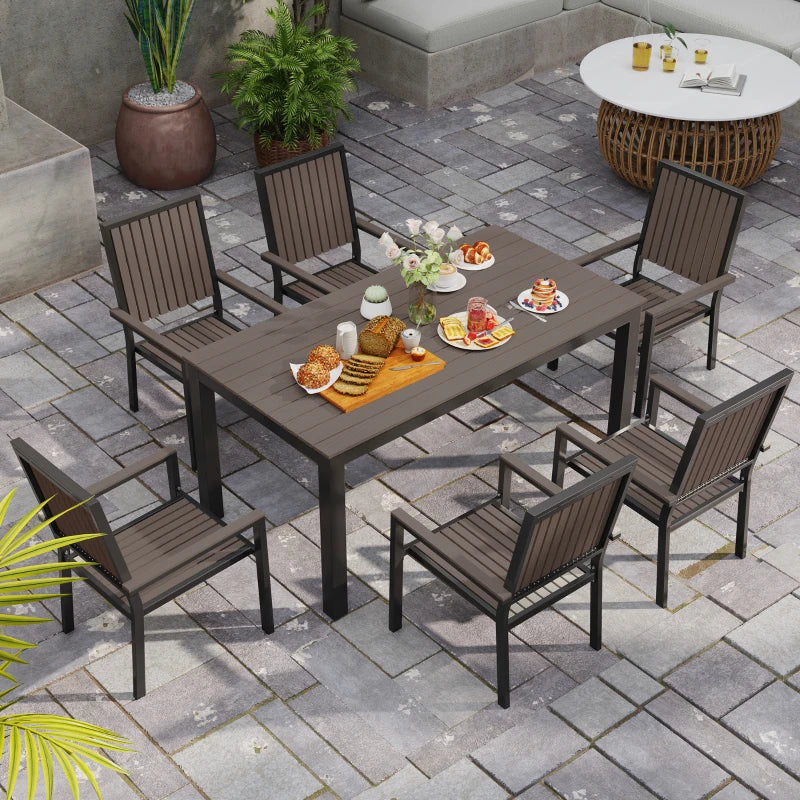 6 Seater Brown Garden Dining Set with Stackable Chairs, Rectangular Plastic Top, Aluminium Frame