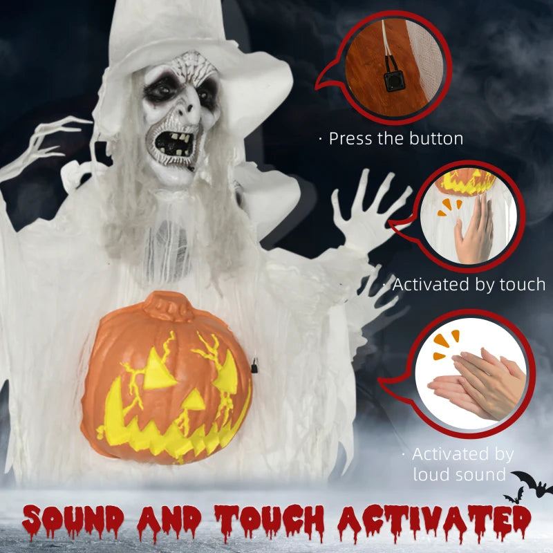 6ft Outdoor Halloween Witch Decoration with Pumpkin - Life Size Skeleton Prop, Sound & Motion Activated, Light Up Eyes, Laughing Sound