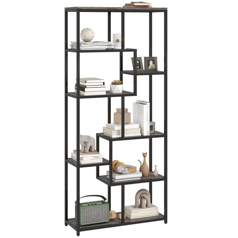 Unique Seven-Tier Geometric Bookcase in Grey and Black - Modern Storage Solution for Home or Office Decor