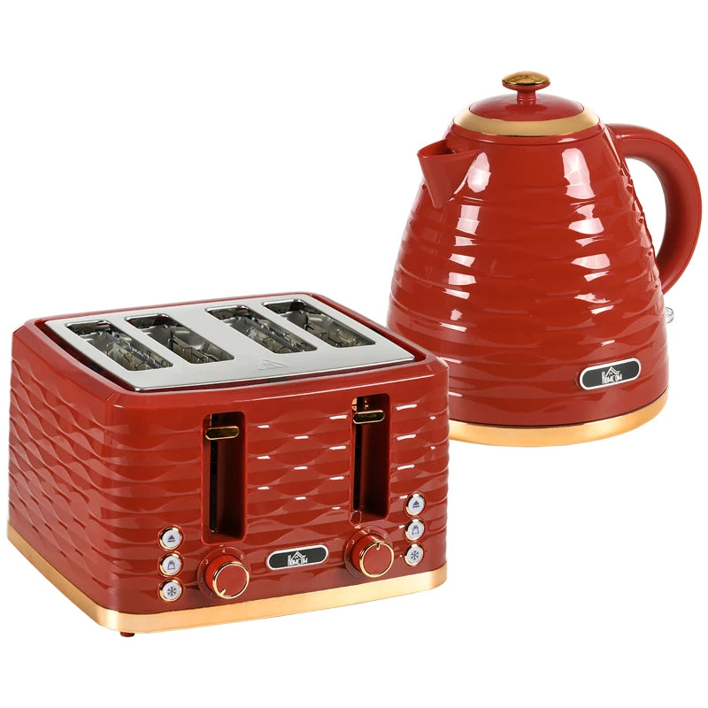 3000W Rapid Boil Kettle & 4 Slice Toaster Set - 1.7L Kettle with 7 Browning Controls, Crumb Tray, Red