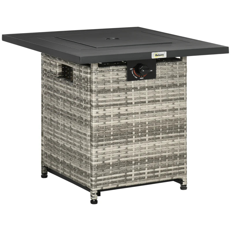 Outdoor PE Rattan Gas Fire Pit Table - 40,000 BTU Square Propane Heater with Rain Cover, Mesh Lid & Lava Stone - Mixed Grey