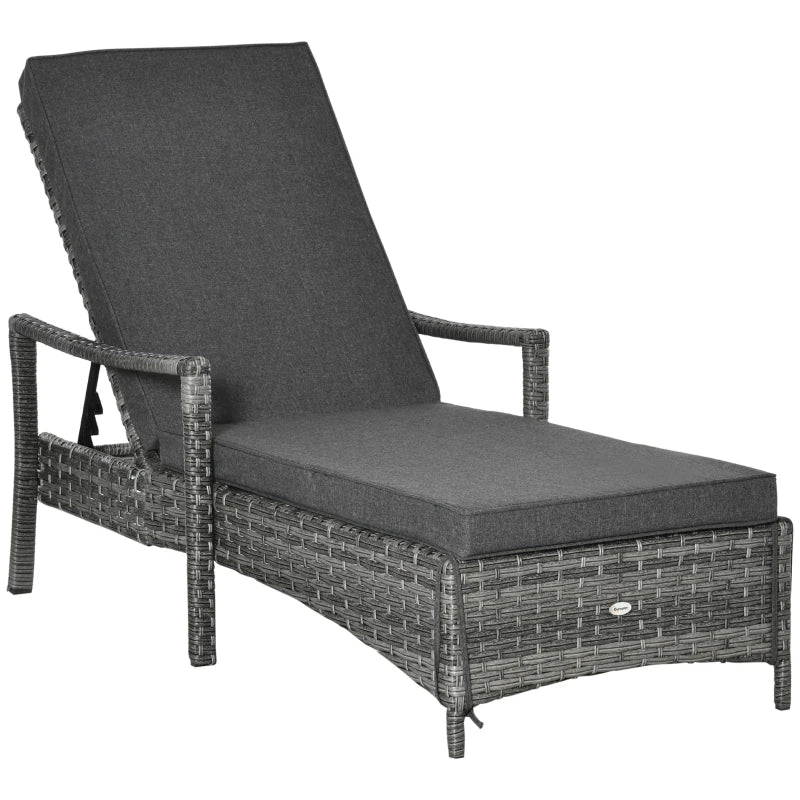 Grey Rattan Sun Lounger with Adjustable Backrest & Washable Cushion