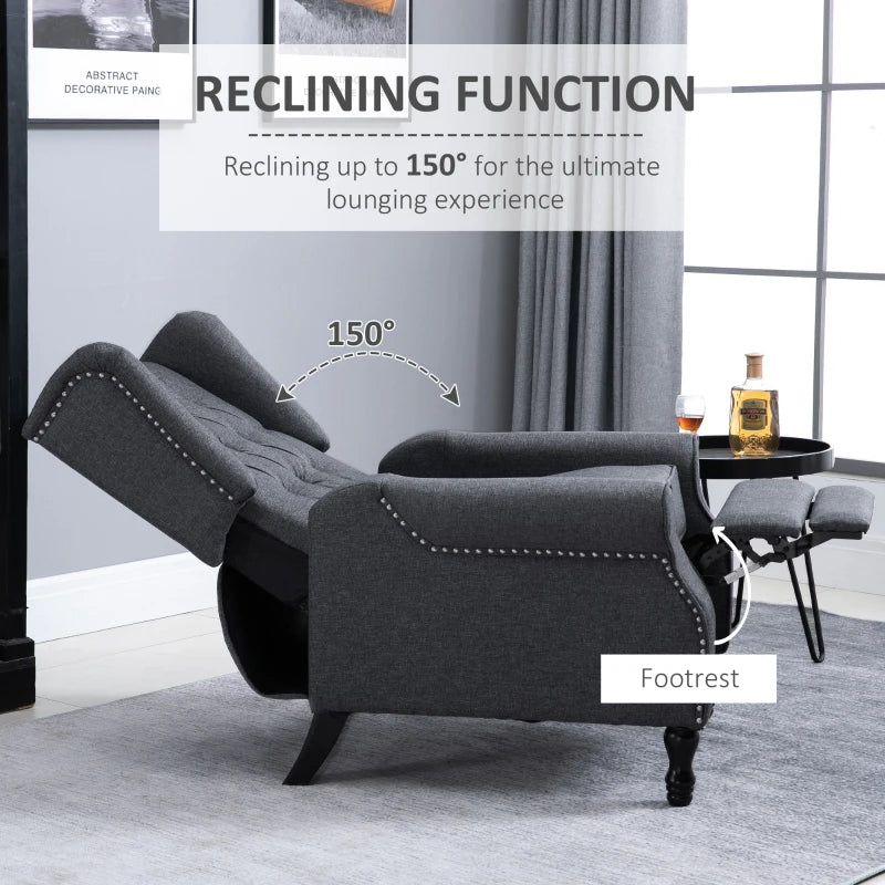 Vintage Wingback Recliner Armchair with Nail Head Trim and Footrest for Living Room in Dark Grey
