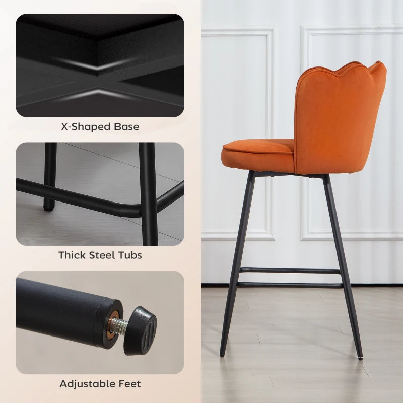 Set of 2 Orange Velvet-Feel Lotus Bar Stools - Stylish Modern Seating for Kitchen or Home Bar