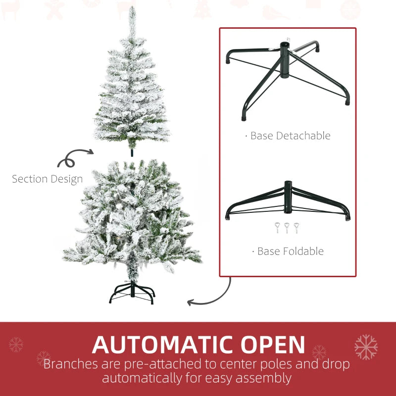 5 Ft Snow Flocked Artificial Christmas Tree - Realistic Pine with Auto Open & Steel Base - Festive Green Decor