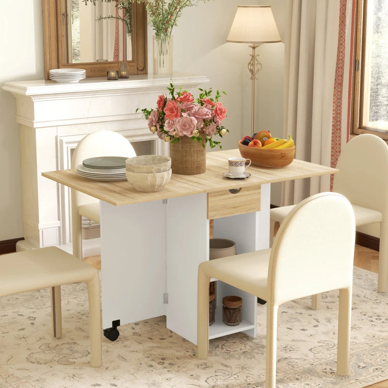 Folding Dining Table with Drop Leaf - Space-Saving Oak Table with Drawer & Storage Shelves for Kitchen & Dining Room