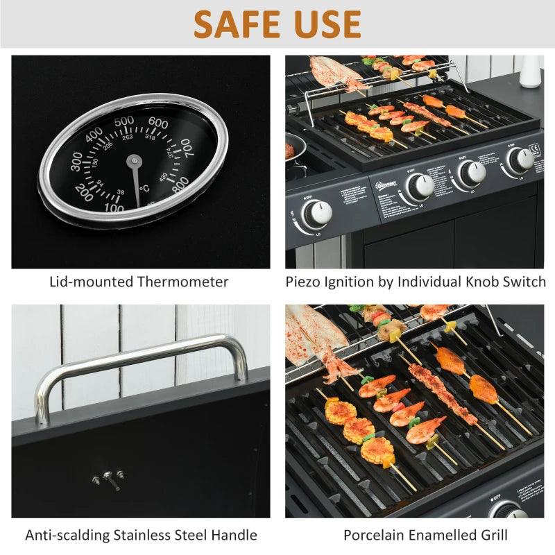 3-Burner Gas BBQ Grill with Side Burner and Storage Cabinet - Black