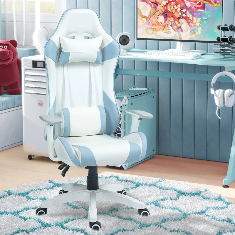 Faux Leather Colour Block Gaming Chair - 135° Recline, Stylish Blue/White Design for Ultimate Comfort and Support