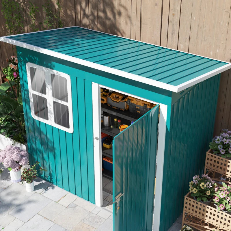 7ft x 4ft Green Galvanised Steel Garden Shed with Lock and Gloves