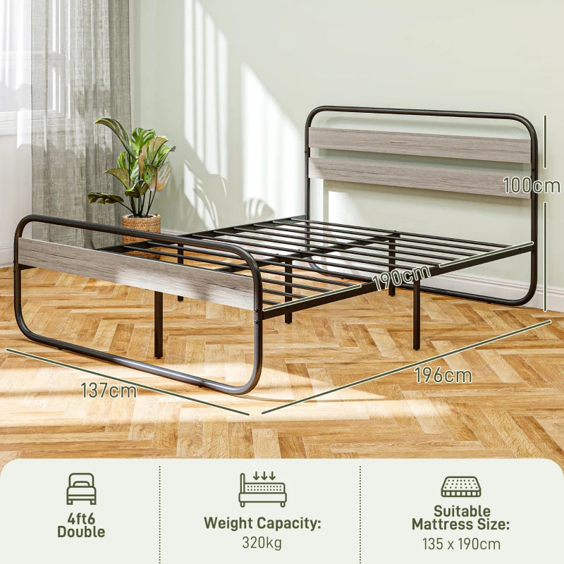 Industrial Style 4ft6 Double Bed Frame - Metal Platform with Under Bed Storage, No Box Spring Required, Easy Assembly, Grey