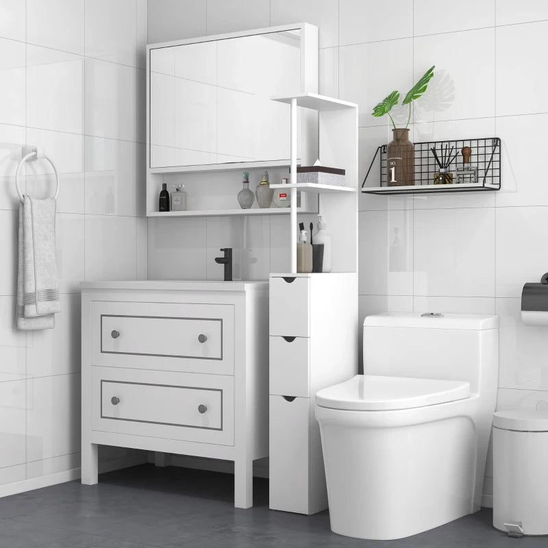 Slim Bathroom Storage Cabinet with Drawers Tall White Bathroom Cupboard with 2-Tier Shelf
