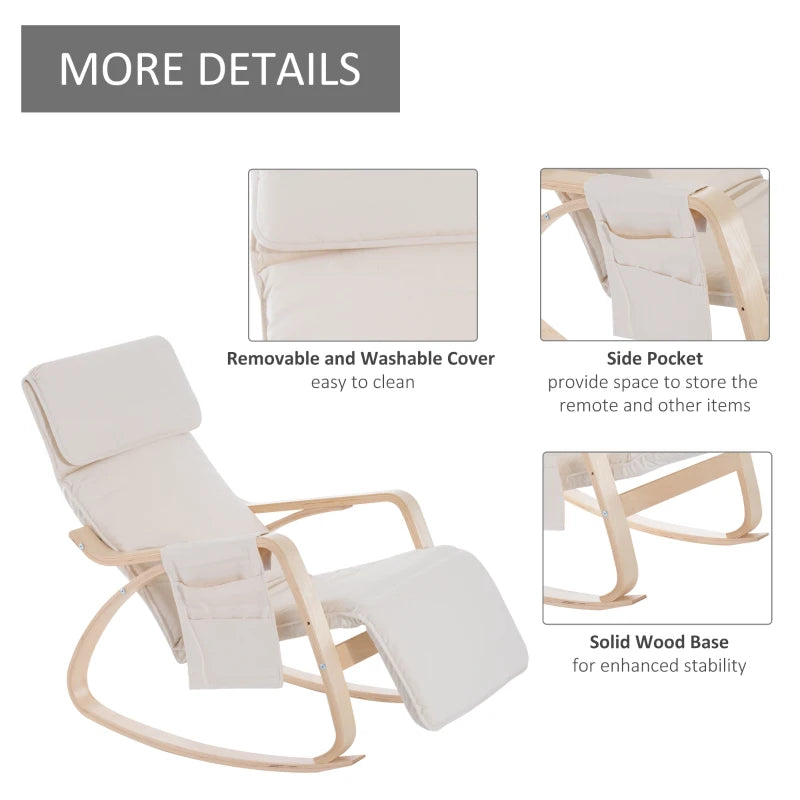 Cream White Rocking Lounge Chair Recliner with Adjustable Footrest, Side Pocket and Pillow for Ultimate Relaxation