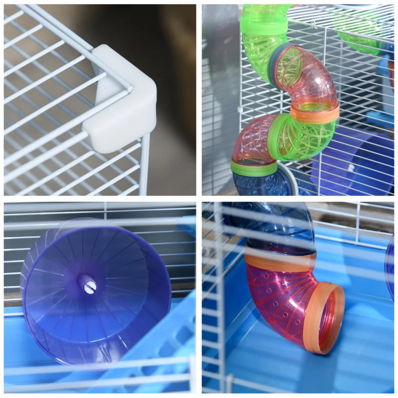 Blue 2-Tier Hamster Cage with Handle, Exercise Wheels, Tunnel, Water Bottle & Accessories for Dwarf Gerbils