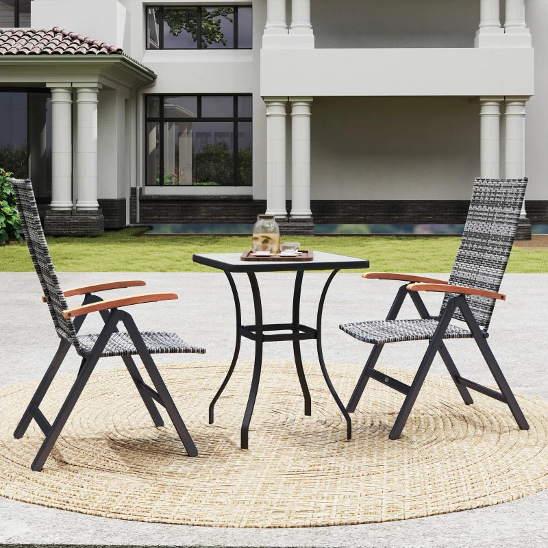 2-Piece Folding Rattan Garden Dining Chairs Set - 5-Level Reclining High Back, Wood Armrests, Outdoor Light Grey