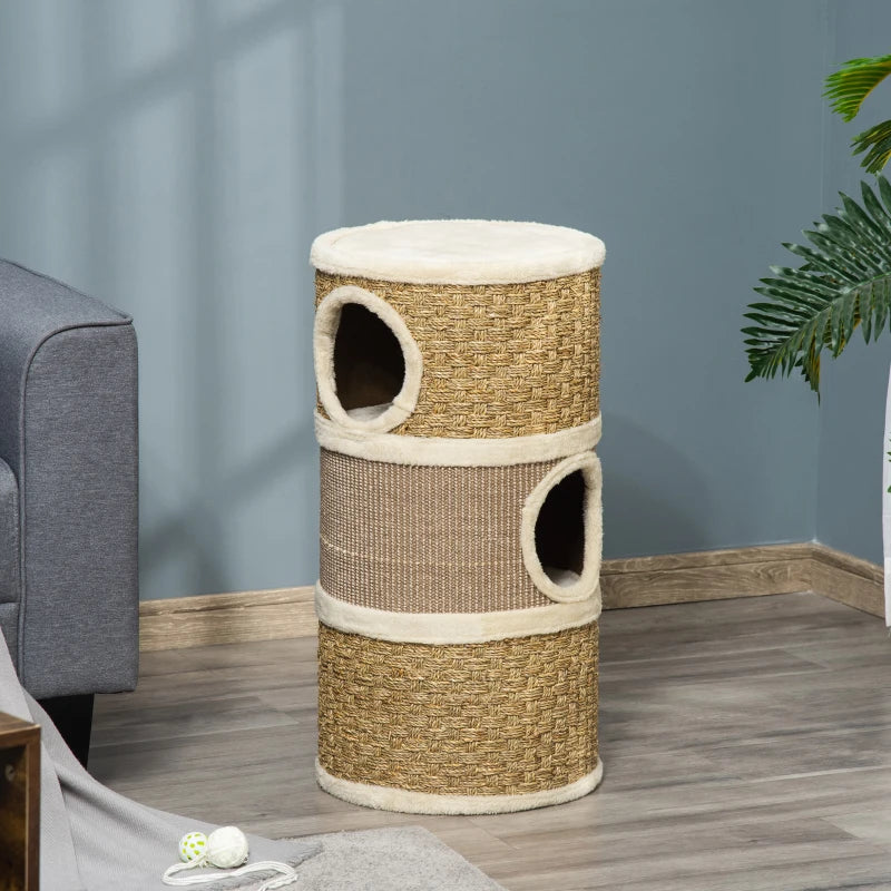 Cat Scratching Barrel Kitten Tree Tower Indoor Pet Furniture Climbing Frame with Sisal and Seaweed Rope Cozy Plush Platform