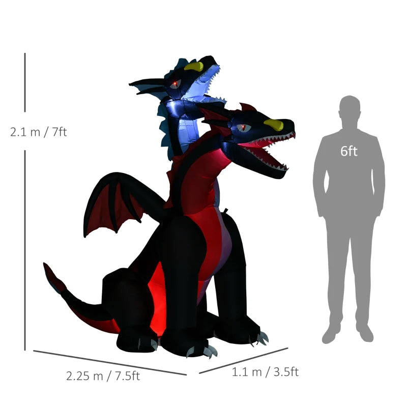 7FT Tall Inflatable Dragon with 2 Heads & LED Lights - Halloween Party Decoration for Indoor & Outdoor Yard