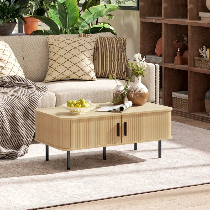 Modern Oak Coffee Table with Storage and Sliding Doors for Living Room